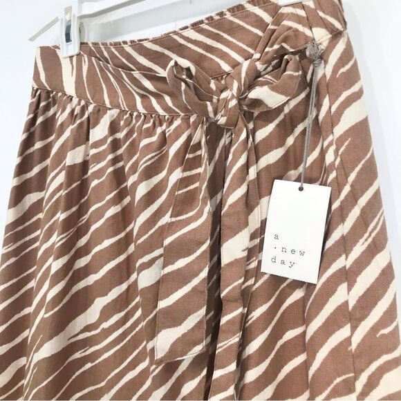 A New Day Khaki Cream Zebra Stripe Linen Blend Midi Wrap Skirt NEW - Picture 8 of 16